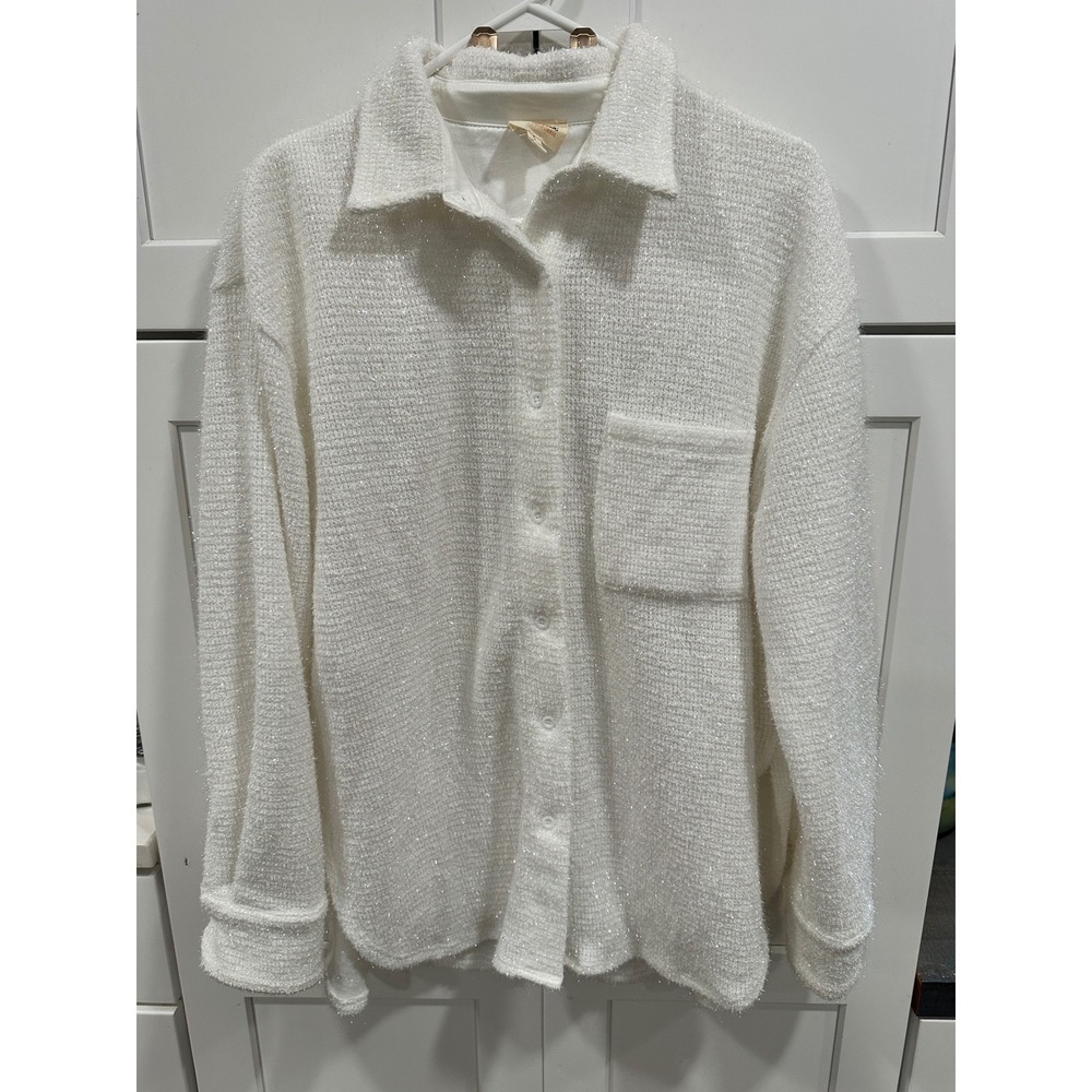 Peach Love California White Sparkle Textured Button Down Shirt Top Womens Size S